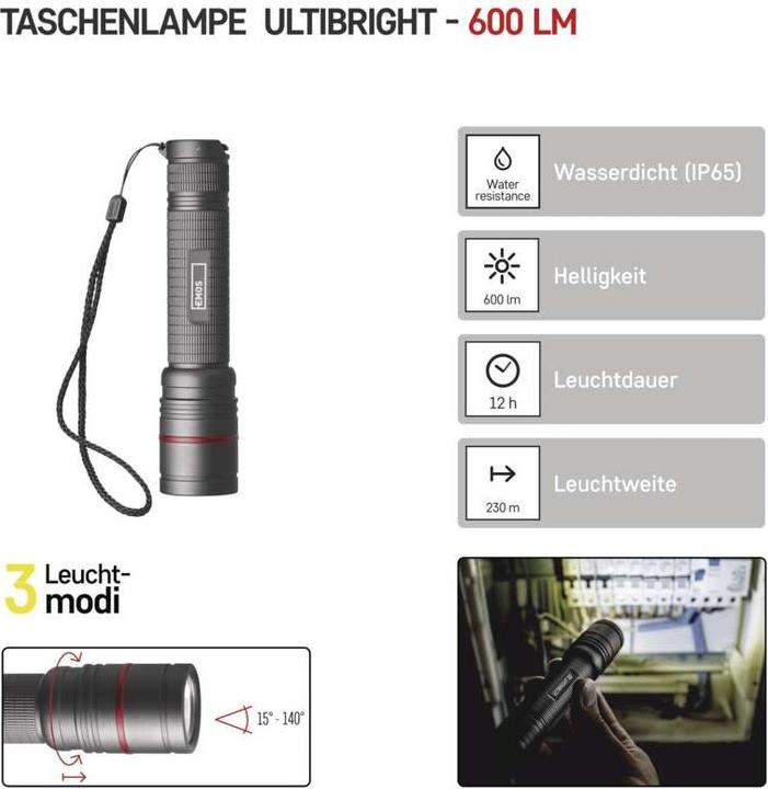 Actual product image Emos CREE LED Rech. Metal Flashlight Ultibright 80, 600lm (15.10 cm, 600 lm)