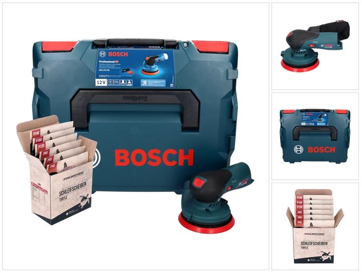 1x Bosch GEX 12V-125 Professionele snoerloze excentrische schuurmachine, 10x Toolbrothers TURTLE 125 mm P120, 10x Toolbrothers TURTLE 125 mm P180, 10x Toolbrothers TURTLE 125 mm P240, 10x Toolbrothers TURTLE 125 mm P80, 1x stofzak ( 2 608 000 715 ), 1x schuurschijf 125 mm ( 2 608 000 714 ), 10x Toolbrothers TURTLE 125 mm P60, 10x Toolbrothers TURTLE 125 mm P40, 1x schuurvel C430 Expert voor hout + lak P120, 1x L-Boxx 136 koffer ( 1 600 A01 2G0 )