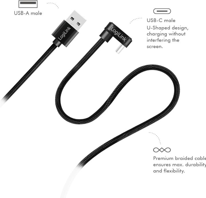 Immagine prodotto LogiLink Cavo USB 2.0 Type-C, C/M 180° a USB-A/M, alluminio, nero, 2 m (2 m, USB 2.0, 20 W)