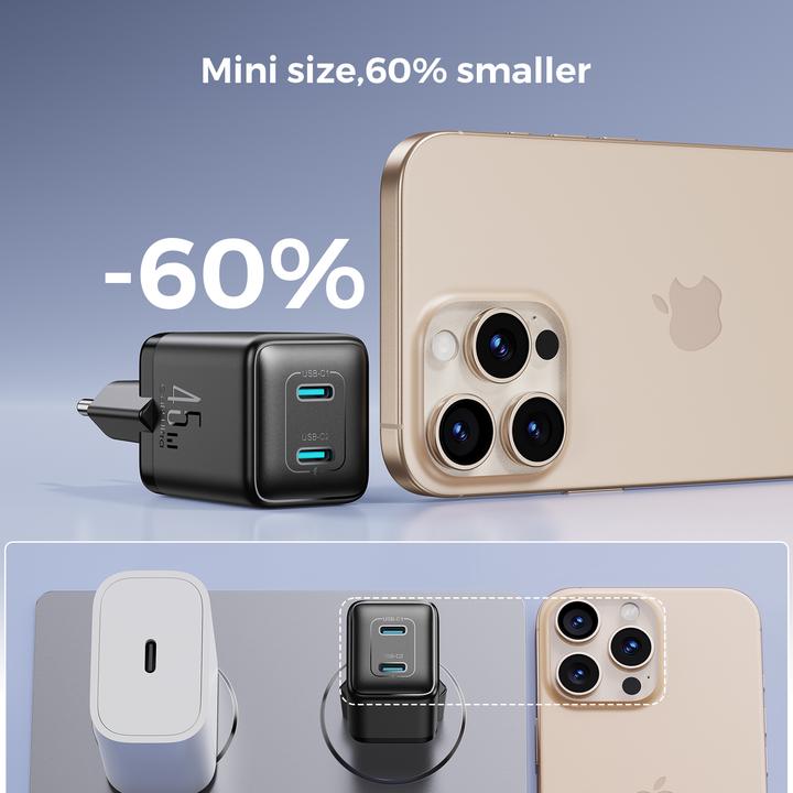 Actual product image Joyroom Dual USB-C GaN Charger 45W - Black (45 W, 2 ports)