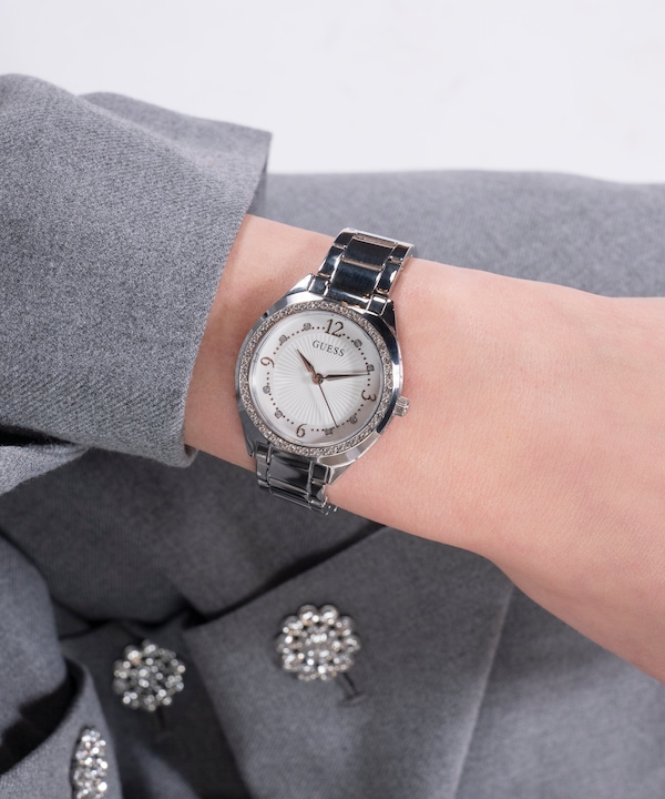 Produktbild Guess P SLV CS W/ CRYS / SUN WHT DL / P SLV BRCT Armbanduhr (Uhr mit Schmuckstein, 30 mm)