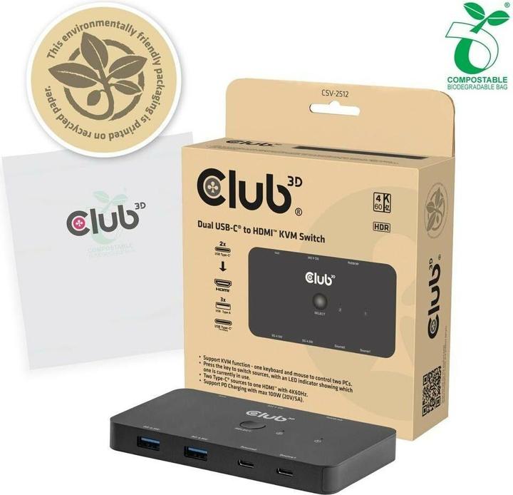 Produktbild Club 3D Club3D KVM Switch 4K60Hz 2x USB-C> HDMI/3xUSB/USB-C 100W PD