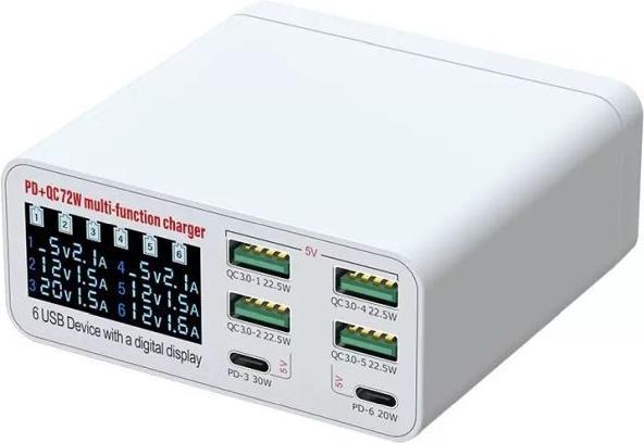 Produktbild MU Classic 72W Schnellladegerät mit Display, 6 Ports (4x USB-A, 2x USB-C) (72 W, 6 Ports)
