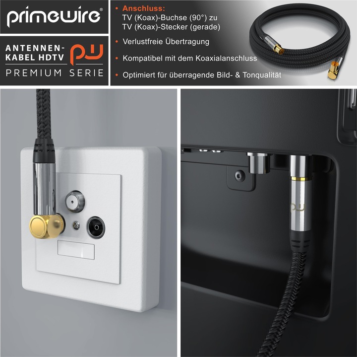 Produktbild Primewire Antennenkabel gewinkelt mit Braiding, Koaxialkabel 75 Ohm HDTV, Radio, DVB-T2 TV Antennen Kabel (135 dB, Antennenkabel)