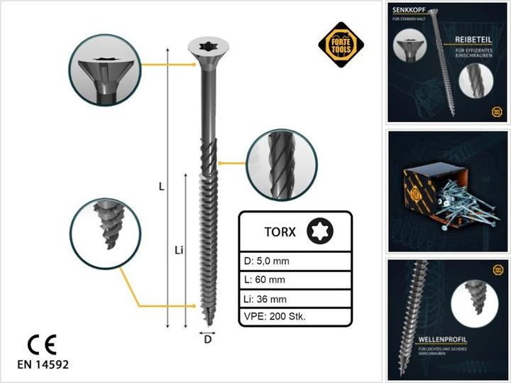 Actual product image Forte tools CHIPBOARD SCR T25 5.0X60/36 WHITE ZN(200 (200 Screws per piece)