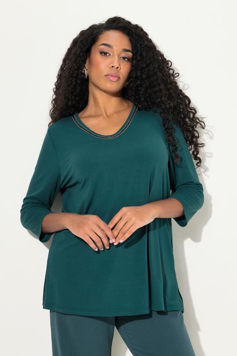Image du produit Ulla Popken T-shirt, silhouette trapèze, col en V et manches courtes, pierres fantaisie (50, 52)