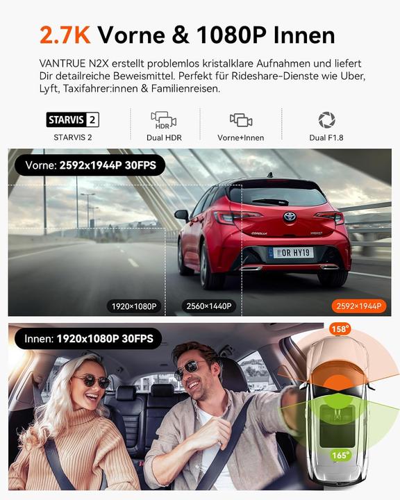 Immagine prodotto Vantrue Doppia dashcam N2X (Ricevitore GPS, Display integrato, 2.7K)