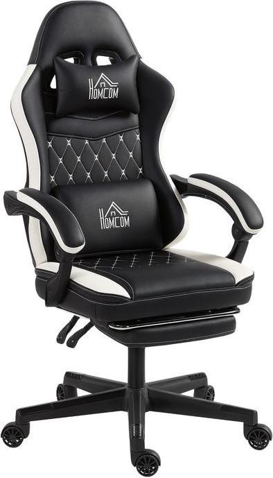 Swisshandel24 Gaming-Stuhl mit Fussstütze, Kopfstütze & Kissen, Kunstleder, Metall, Kunststoff, Schwarz+Weiss