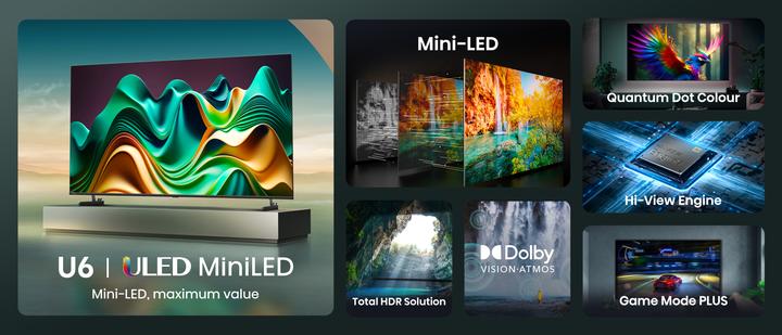 Produktbild Hisense TV 75U6NQ (189 cm (75 Zoll), schwarz/dunkelgrau, UltraHD/4K, Triple Tuner, Mini LED) (75", LED, 4K, 2024)