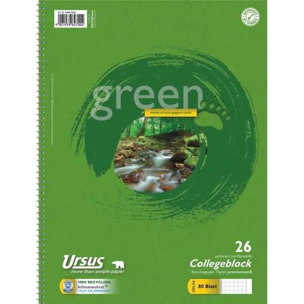 Ursus, Heft + Block, Green Collegebook (A4, Kariert)