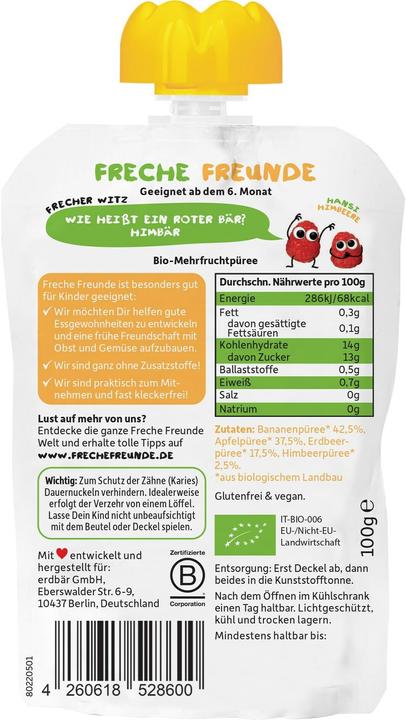 Produktbild Freche Freunde Apfel Banane Erdbeere & Himbeere (100 g)