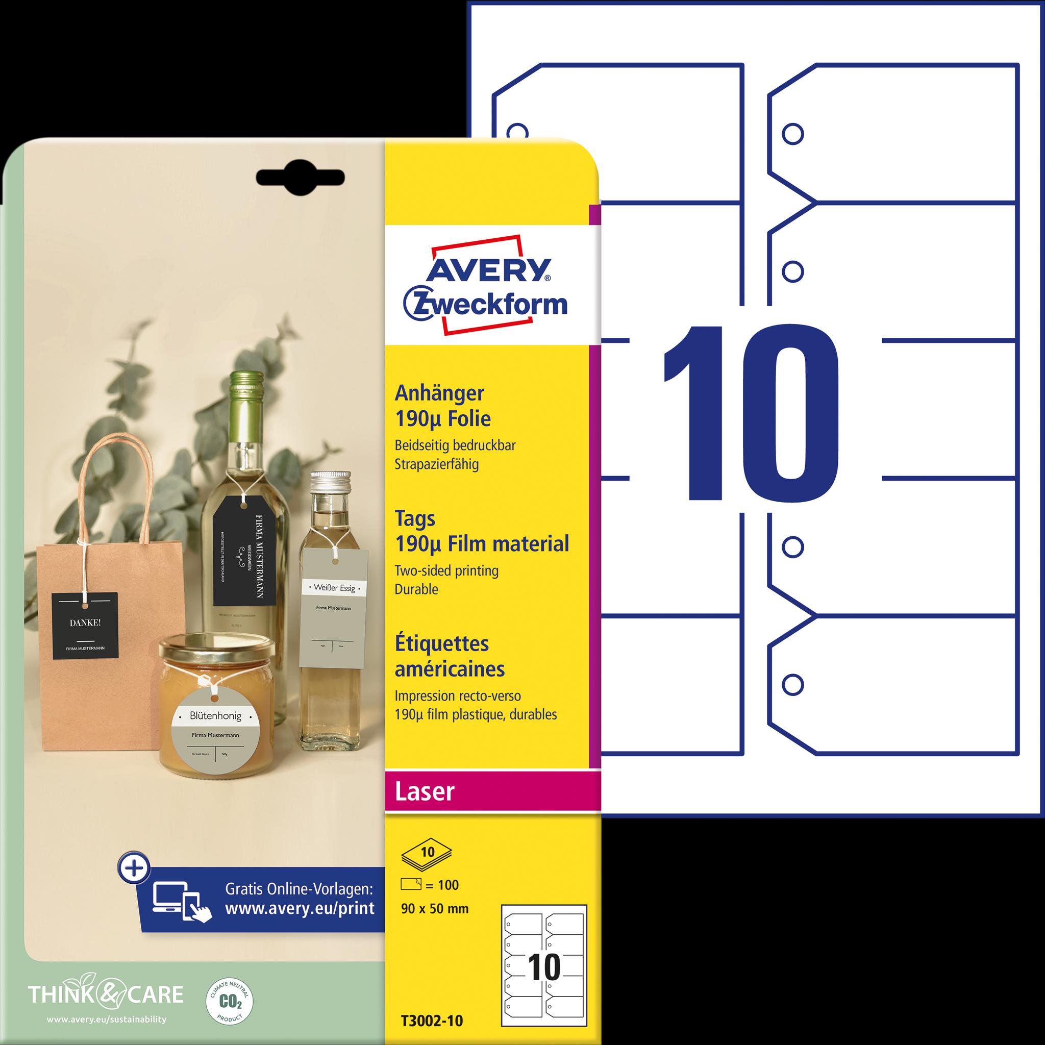 Avery, Etiketten, Zweck Form Tag, Folie, matt, 90 x 50 mm, weisse abgeschrägte Ecken, strapazierfähig, wasserfest, r