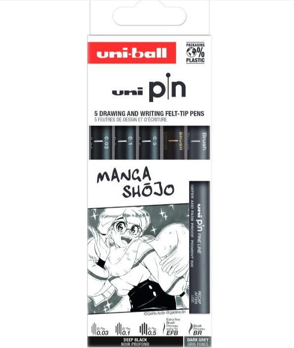 Actual product image Uni-ball Fineliner PIN ""Manga Shojo"" PF, set of 5 water-resistant, pigmented ink, metal edging (Black, Gray, 5 x)