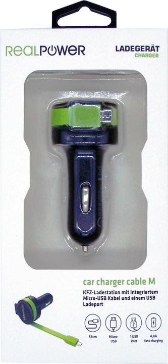 Produktbild RealPower Car Charger M integrated MicroUSB Cable+ 1x USB