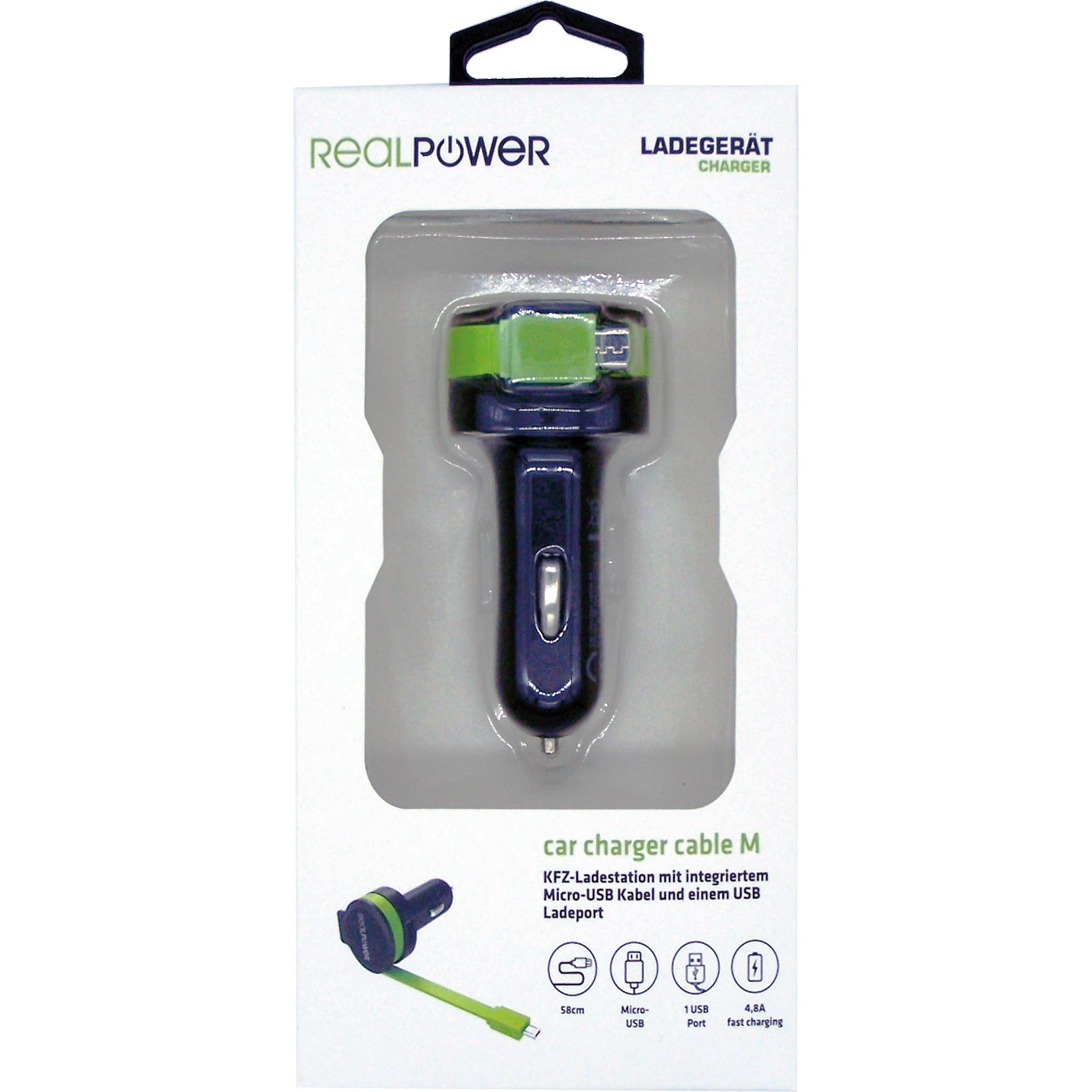 Thumbnail - RealPower Car Charger M integrated MicroUSB Cable+ 1x USB, Auto Adapter, Schwarz, Grün