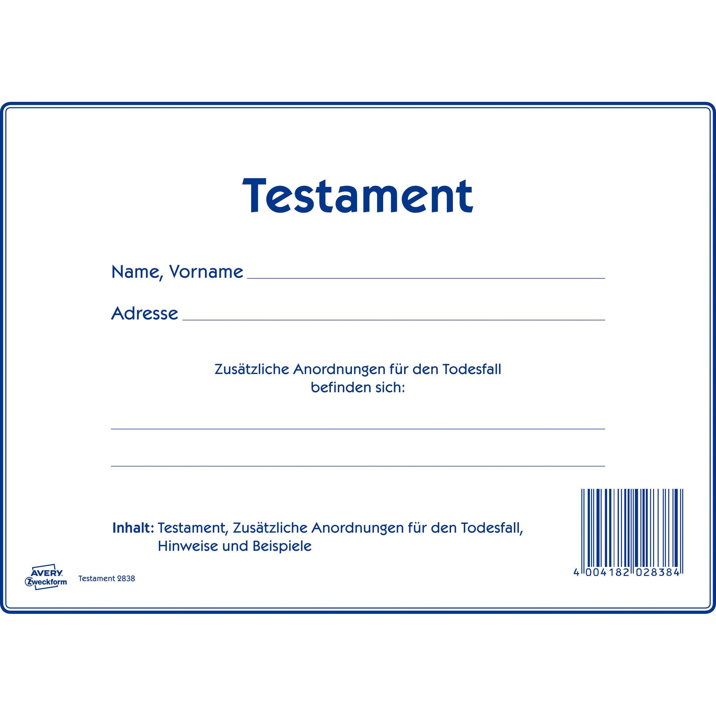 Avery, Formular, Zweckform Vordruck ""Testament"", 220 x 163 mm (10 x)