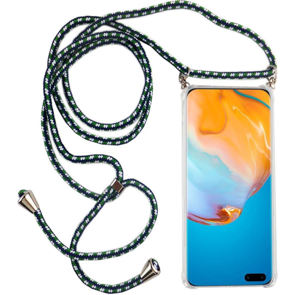 König Design Huawei P40 Handykette Hülle mit Band Case zum umhängen mit Kordel Etui Grün, Handykette, Transparent