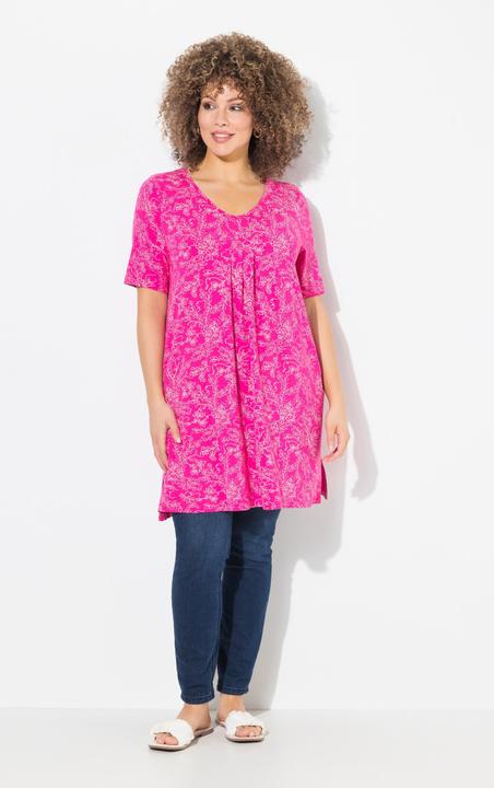 Produktbild Ulla Popken Longshirt, floraler Druck, V-Ausschnitt, Halbarm, Taschen (56)
