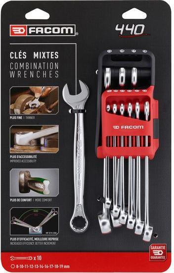 Image du produit Facom Jeu de clés mixtes en acier CrV, 10 pièces (19 mm, 12 mm, 14 mm, 16 mm, 10 mm, 18 mm, 17 mm, 11 mm, 15 mm, 8 mm, 9 mm, 13 mm)