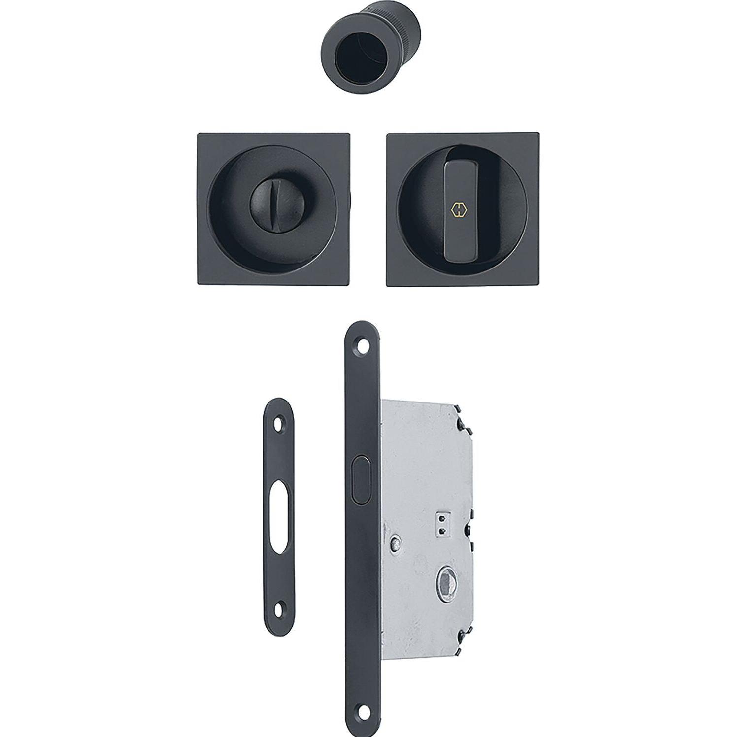 Hoppe, Türbeschlag + Scharnier, Schiebetürmuschel Set 4921 - WC mit Schloss, eckig, schwarz matt