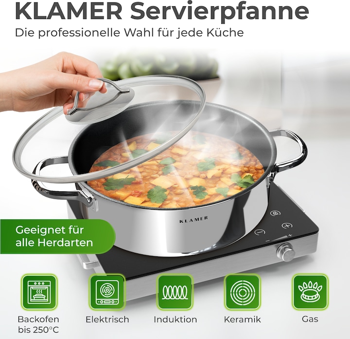 Actual product image KLAMER 28cm induction serving pan, non-stick, ovenproof, incl. lid (28 cm, Casserole + Stewpot, Stainless steel)