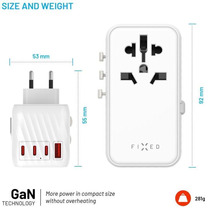 Actual product image Fixed Voyager World Adapter, 3xUSB-C/1xUSB, GaN, 120W, white