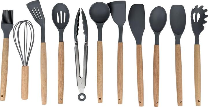 Produktbild Ideoon Elegantes 12-tlg. Küchenhelfer Set aus Silikon mit Holzgriff, grau