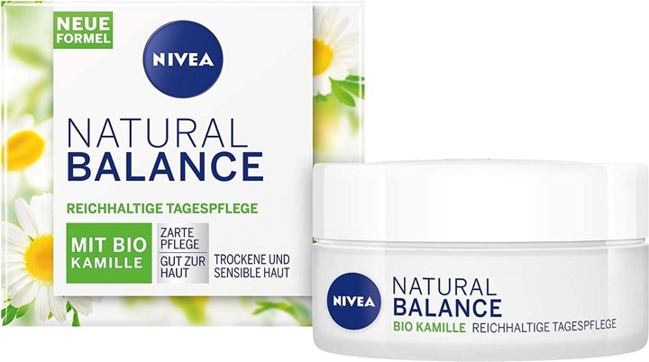 NIVEA Moisturising cream with organic chamomile, jojoba oil and almond, for daytime, dry and sensitive