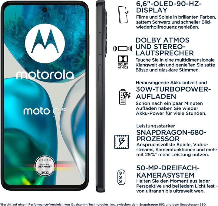 Produktbild Motorola Moto G52 (128 GB, Charcoal Grey, 6.60", Hybrid Dual SIM, 4G)