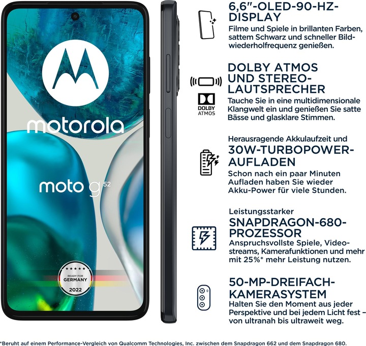 Image du produit Motorola Moto G52 (128 Go, Gris anthracite, 6.60", Double SIM hybride, 50 Mpx, 4G)