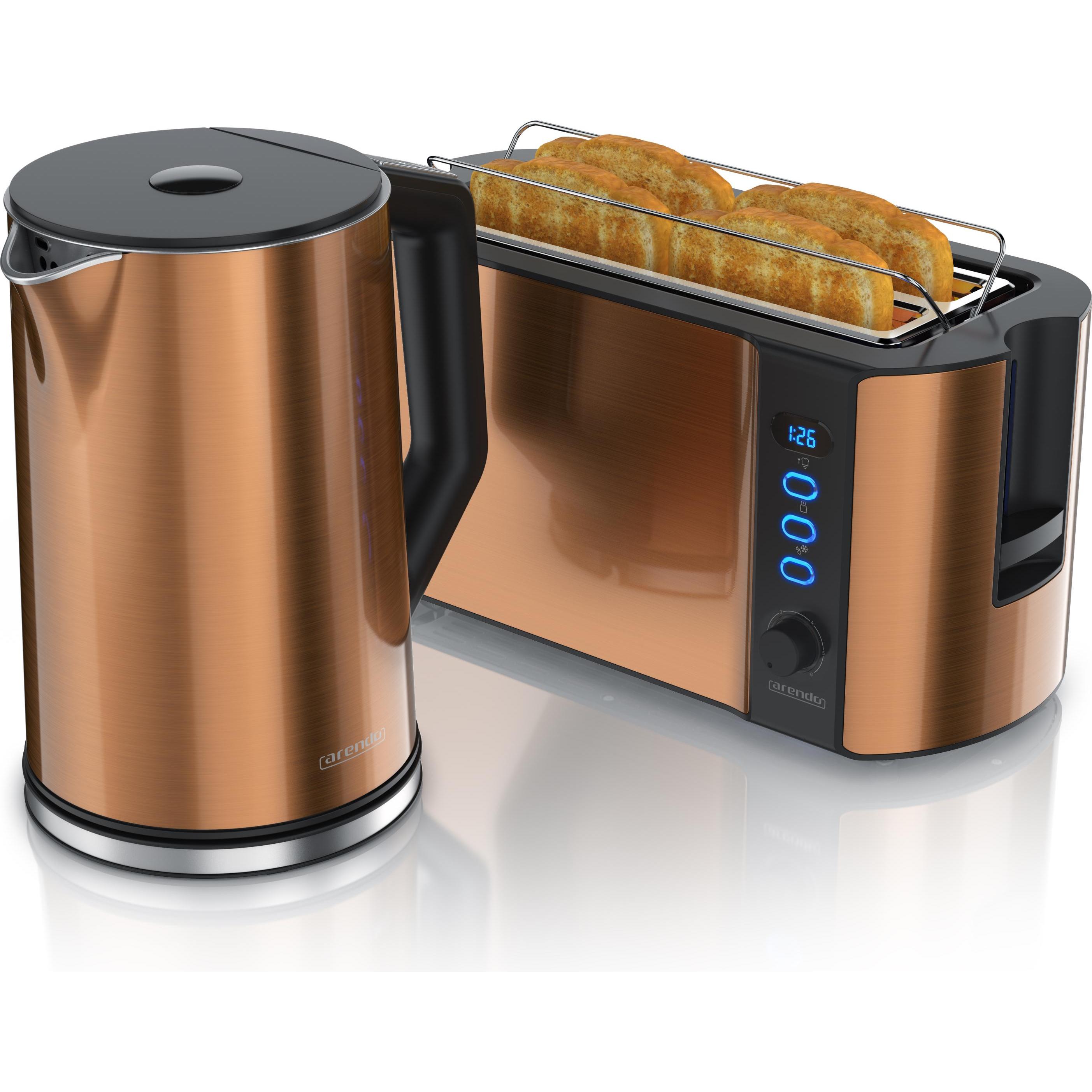 Arendo Frühstücks Set, Edelstahl Wasserkocher 1,5l Temperaturwahl & 4-Scheiben Langschlitz Toaster, Kupfer, Wasserkocher...