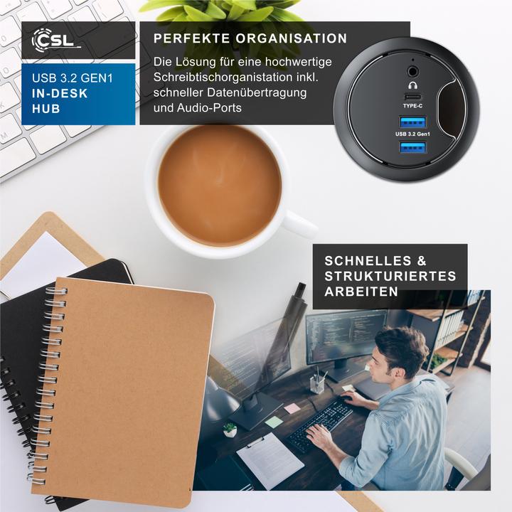 Produktbild CSL Multi Hub für Tischkabeldurchführung: 2x USB 3.2 Gen1, 1x USB-C, 1x 3,5mm Audio, Tischkabeldose (USB-A, 4 Ports)