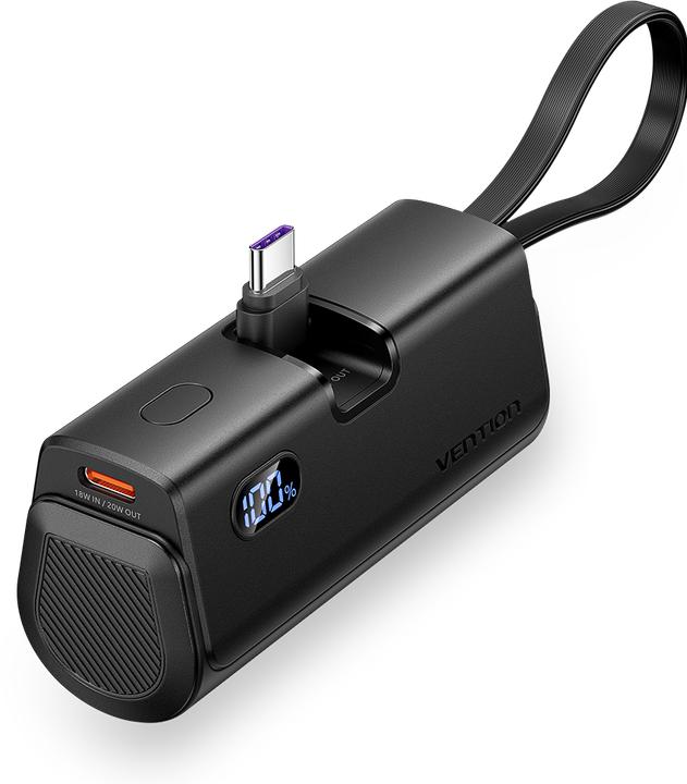 Actual product image Vention LED Display 4800mAh Power Bank (USB-C + Lightning + USB-C) 22.5W Black Foldable USB-C Type (4800 mAh, 18 W, 17.76 Wh)