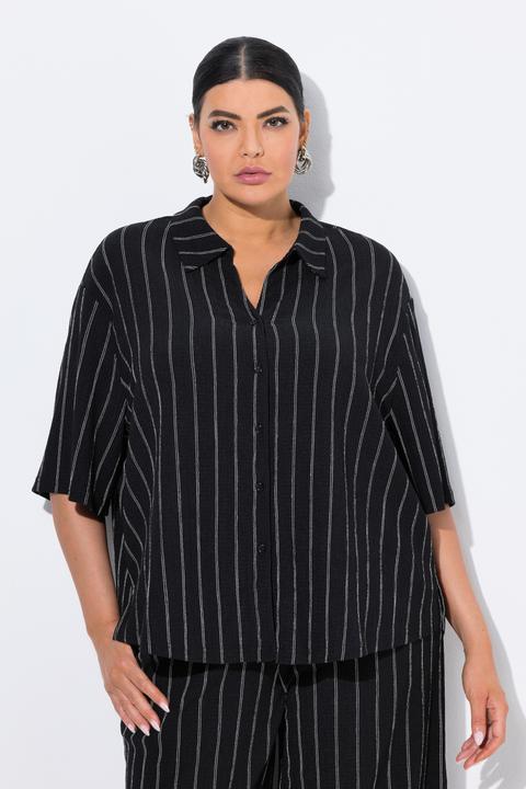 Immagine prodotto Ulla Popken Blusa in jersey a righe con collo da camicia e mezze maniche (46, 48)