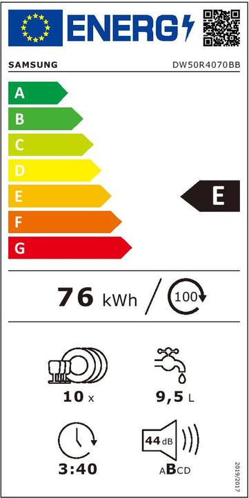 Energie-Label Samsung Vollintegrierter Einbau-Geschirrspüler, 45 cm, 10 Massgedecke, DW50R4070BB/EO