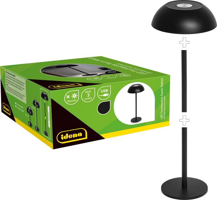 Idena LED Tischleuchte Touch Tango Metall schwarz 15x33cm Akku USB dimmbar 3 Modi Innen