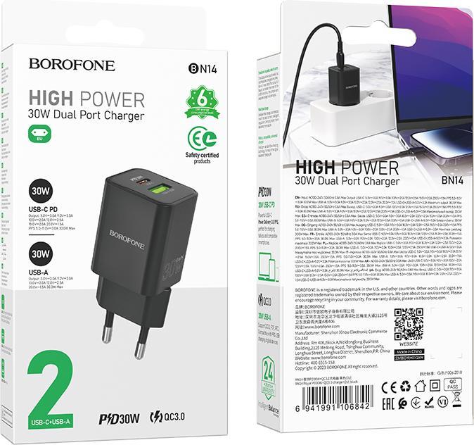 Immagine prodotto Borofone Netzladegerät BN14 Royal GaN - USB + Typ C - QC 3.0 PD 30W schwarz (0.03 W)