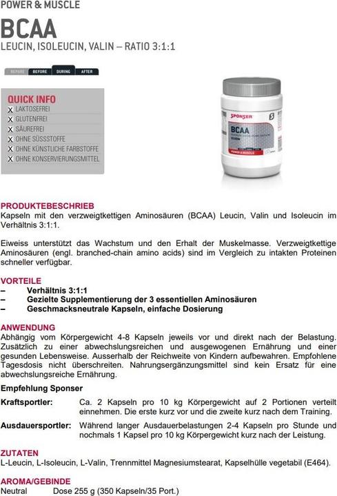 Nutritional values and ingredients Sponser BCAA capsule (350 Piece, Capsules, 248 g)