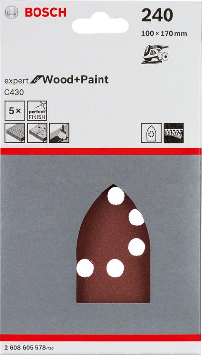 Actual product image Bosch Professional Zubehör Sanding sheet C430, 100 x 170 mm, 240, 8 holes, Velcro, pack of 5 (240)
