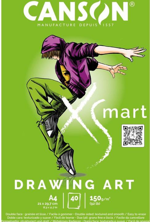 Canson Bloc d'étude XS'MART DRAWING ART, DIN A4 papier blanc légèrement granuleux, 40 feuilles, 150 g/qm (A4, Blanc)
