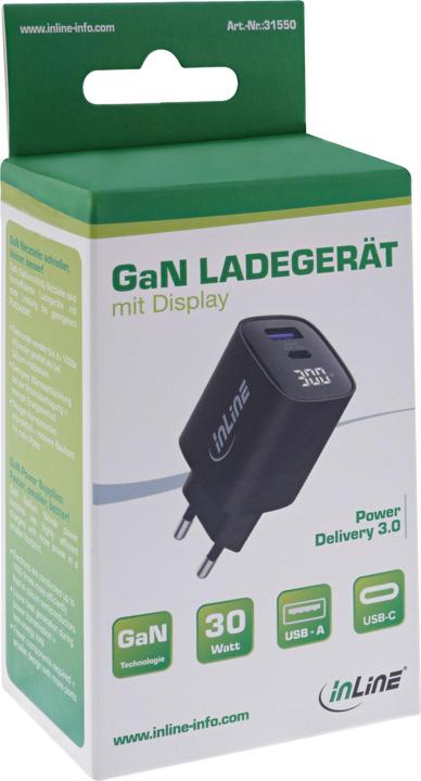 Produktbild InLine USB PD Netzteil, GaN Ladegerät, 2-Port, USB-C + USB-A, 30W, mit Display, schwarz (30 W, 2 Ports)