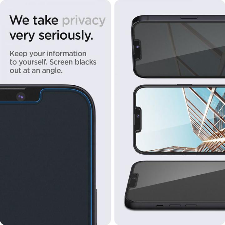 Produktbild Spigen TEMPERED GLASS GLAS.TR "EZ FIT" 2-PACK IPHONE 13 / 13 PRO PRIVACY (2 Stück, Apple iPhone 14, Apple iPhone 13, Apple iPhone 13 Pro, Apple iPhone 16e)