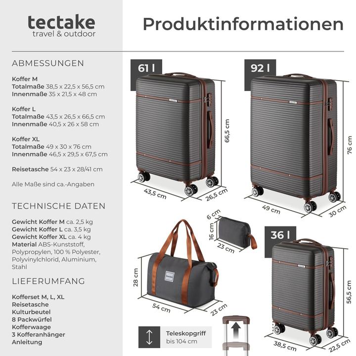 Image du produit tectake Ensemble de valises Madison, 13 pièces, serrure TSA (92 l)