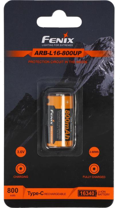Actual product image Fenix ARB-L16-800UP protected Li-Ion battery 16340 RC123A, 800mAh, with USB-C charging socket