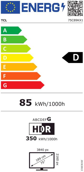 Energy Label TCL 75C89K QD-Mini LED TV (4K Ultra HD, Smart TV 144Hz) (75", LED, 4K)