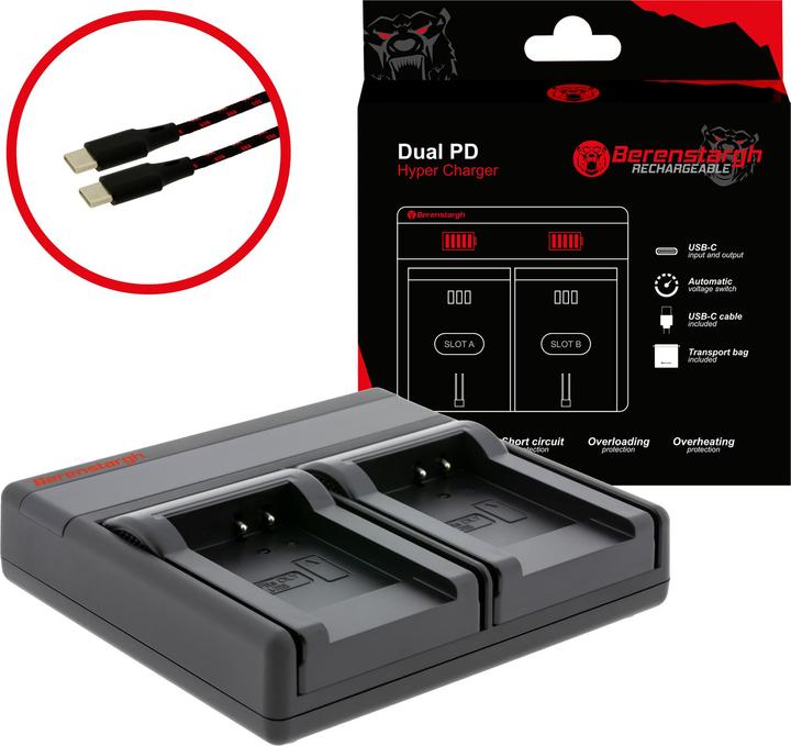 Actual product image Berenstargh Dual PD Hyper Ladegerät f. Olympus Li-70B USB-C in/out Powerbankfunktion (Camera battery charger)