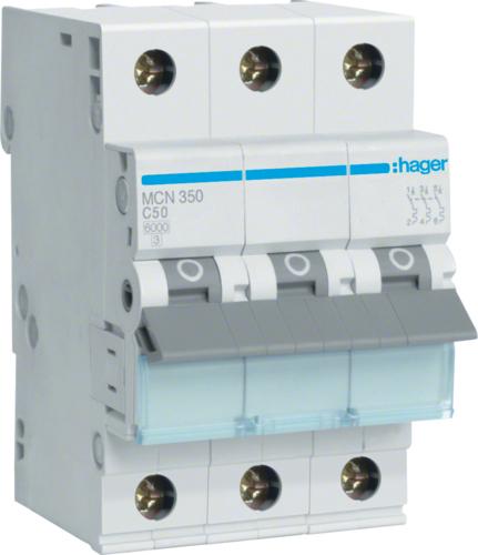 Produktbild Hager MCN350. Anzahl der Pole: 3P. AC Eingangsfrequenz: 50/60 Hz, Nominale Stromabgabe: 50 A. Breite: 52,5
