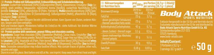 Nutritional values and ingredients Body Attack Protein Bites (50g) (Peanut Butter, 1 pcs., 50 g)