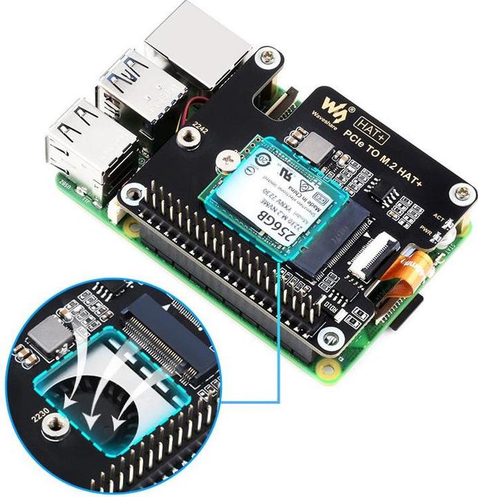 Actual product image WaveShare PCIe to M.2 HAT SSD adapter for Raspberry Pi 5