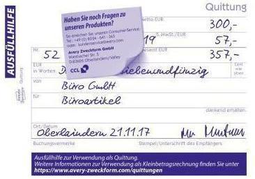 Actual product image Avery Receipt VAT shown separately (100x)